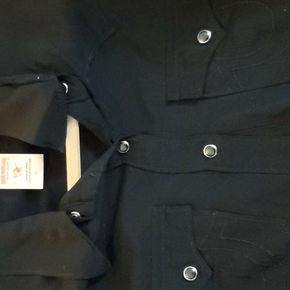 Black True Religion long sleeve button-up blouse.